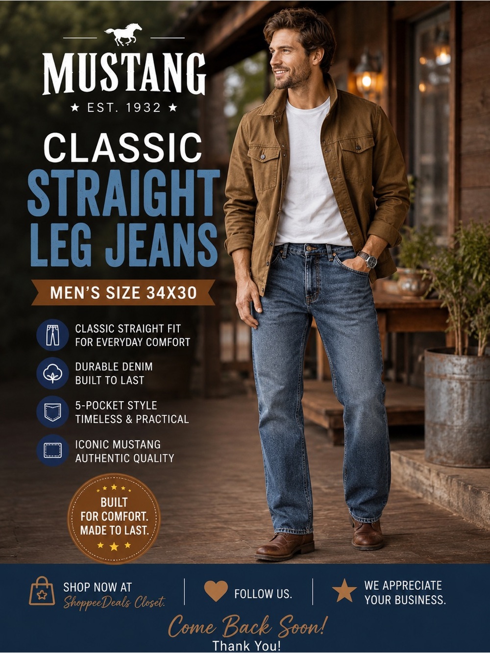 Mustang Classic Straight Leg Jeans – Men’s Size 34x30 – Medium Wash Denim